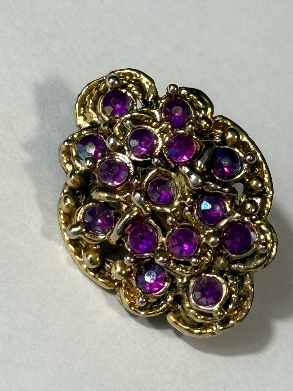 Vintage Single Purple Rhinestone Clip-On Earring Gold Tone Floral Replacement - Picture 2 of 4